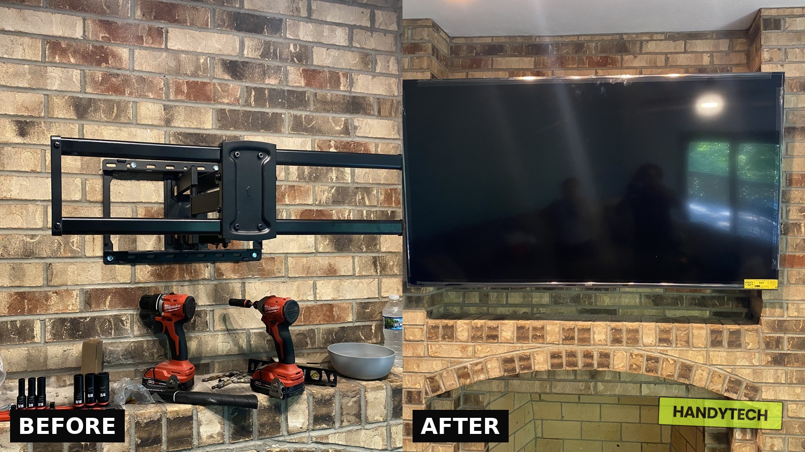 Before and after TV mounted on a brick fireplace by HandyTech LLC Hattiesburg