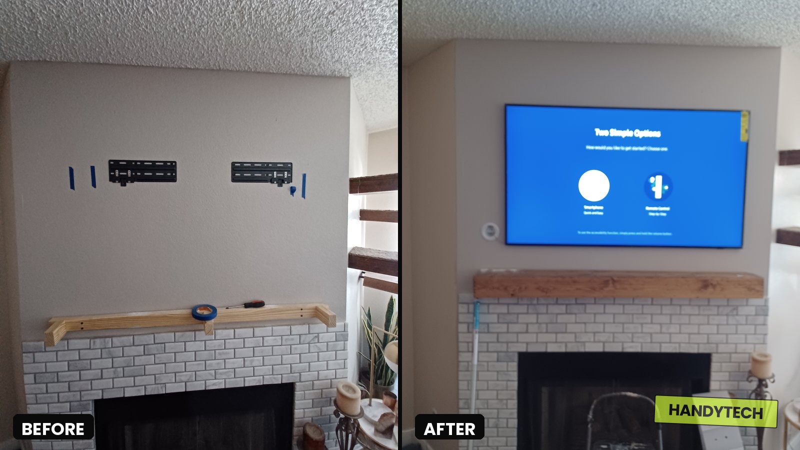 Before and after TV mounting on a drywall fireplace in Hattiesburg MS by HandyTech LLC